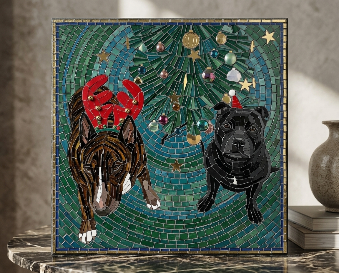 ステンドグラス☆のクリスマスのリース　犬のサンタクロース Christmas Dog Glass | Tedooo