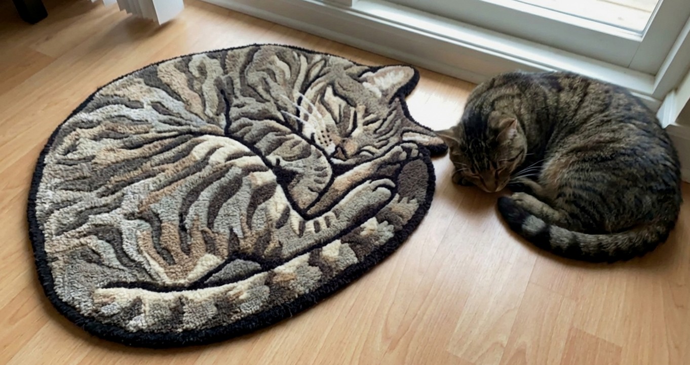 A tabby cat asleep on the floor beside a round shape rug of a curled-up sleeping tabby