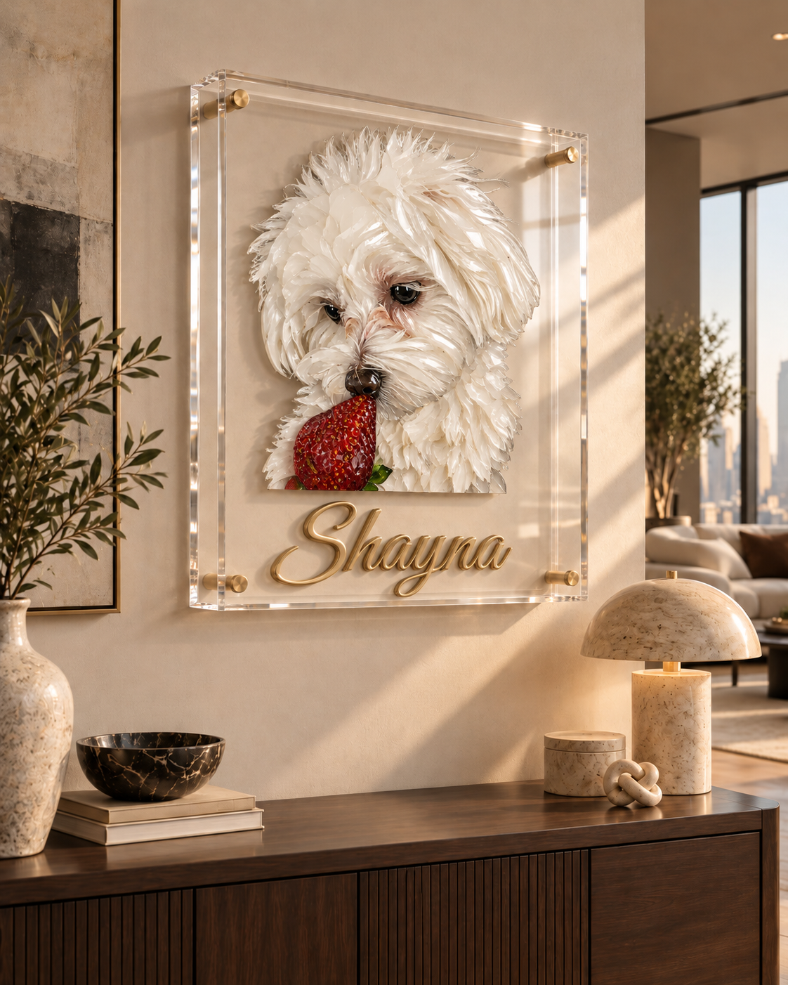 Shayna — Bichon with Strawberry, 3D Acrylic