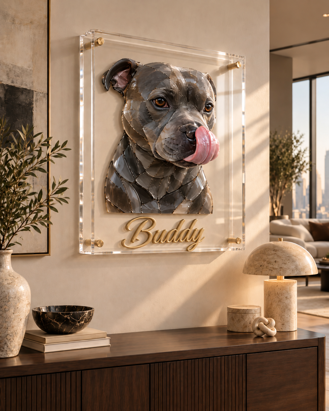 Buddy — 3D Acrylic Pet Portrait, Grey Staffy